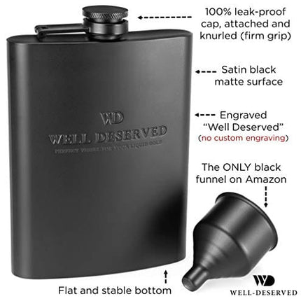 Matte Black Flask 8 oz + Black Funnel + Black Canvas Pouch. Gift Set, Classy Packaging. Engraved Well-Deserved. Stainless Steel Hip Flask For Liquor For Men