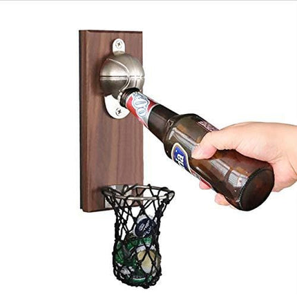 Wall Mounted Stainless Steel&Magnetic Bottle Opener with Net Cap Catcher Wine Openers Solid and Durable Beer Openers for Bar/Home (basket ball opener)