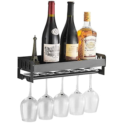 SIMVE Wine Rack with Glass Holder Wall Mounted,Modern Bottle Shelf with Towel Bar,15.7in Metal Glassware Drying Storage Hanger,Hanging Organizer for Home Kitchen,Room Decoration,Aluminium Matte Black