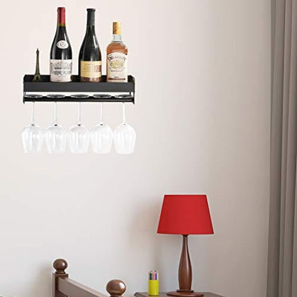 SIMVE Wine Rack with Glass Holder Wall Mounted,Modern Bottle Shelf with Towel Bar,15.7in Metal Glassware Drying Storage Hanger,Hanging Organizer for Home Kitchen,Room Decoration,Aluminium Matte Black