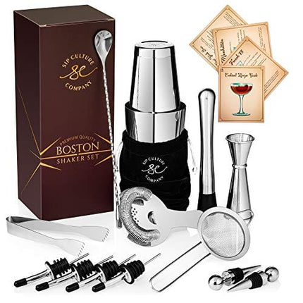 16-piece Pro Cocktail Set with Weighted Boston Shaker. Dishwasher Safe. Includes Stainless Steel Full-Service Bar Tools with Easy-Open Drink Shaker, Recipe Guide & Carry Bag
