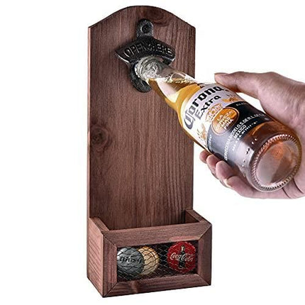 Siveit Wooden Bottle Opener with Cap Collector Catcher, Vintage Wood Wall Mounted Beer Bottle Opener, Ideal Gift for Men and Beer Lovers, Bar Decoration Opener