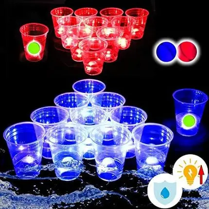 Six Senses Media The Dark Beer Pong Set,Beer Pong Party Cup Set, LED Beer Pong Cups and LED Flash Balls, 22 Set(11 Red&11 Blue), Waterproof, Large Capacity Battery