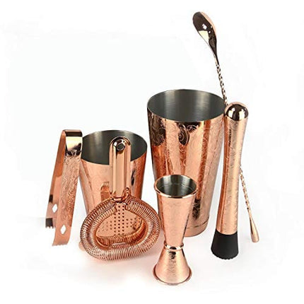 SKY FISH Bartender Kit Cocktail Shaker Set-6 Pieces Stainless Steel Copper Plated Etching Bar Tools with Boston Shaker Tins,Mixing Spoon,Mojito Muddler,Jigger,Hawthorne Strainer ,Ice Tongs