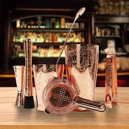 SKY FISH Bartender Kit Cocktail Shaker Set-6 Pieces Stainless Steel Copper Plated Etching Bar Tools with Boston Shaker Tins,Mixing Spoon,Mojito Muddler,Jigger,Hawthorne Strainer ,Ice Tongs