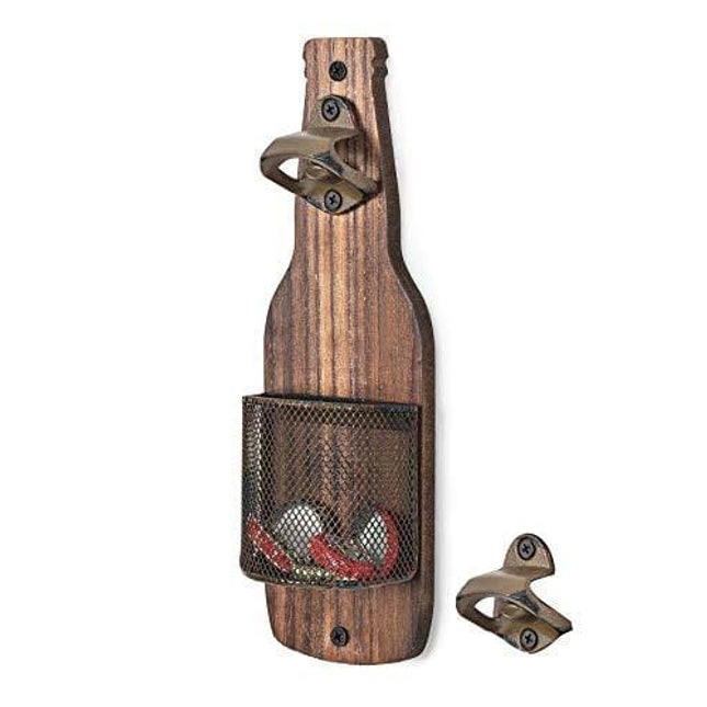 SODUKU Vintage Wooden Wall Mounted Bottle Opener with Cap Catcher for Beer Lovers