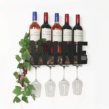 SODUKU Wall Mounted Metal Wine Rack 4 Long Stem Glass Holder & Wine Cork Storage Wine