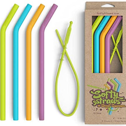 Softy Straws Premium Reusable Silicone Drinking Straws + Patented Straw Squeegee - 9” Long With Curved Bend for 20/30/32oz Tumblers - BPA Free (Non-Rubber), Flexible, Bendy, Safe for Kids / Toddlers
