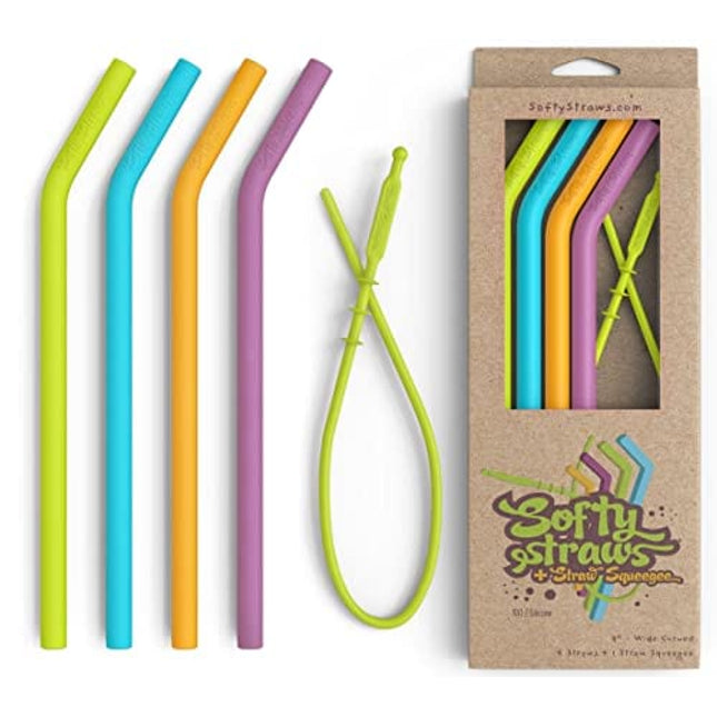 Softy Straws Premium Reusable Silicone Drinking Straws + Patented Straw Squeegee - 9” Long With Curved Bend for 20/30/32oz Tumblers - BPA Free (Non-Rubber), Flexible, Bendy, Safe for Kids / Toddlers