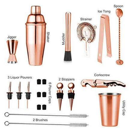 Soing Rose Copper 24-Piece Cocktail Shaker Set,Perfect Home Bartending Kit for Drink Mixing,Stainless Steel Bar Tools With Stand,Velvet Carry Bag & Recipes Included