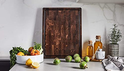 Sonder Los Angeles, Made in USA, Large Thick End Grain Walnut Wood Cutting Board with Non-Slip Feet, Juice Groove, Sorting Compartments for Kitchen 17x13x1.5 in (Gift Box Included)