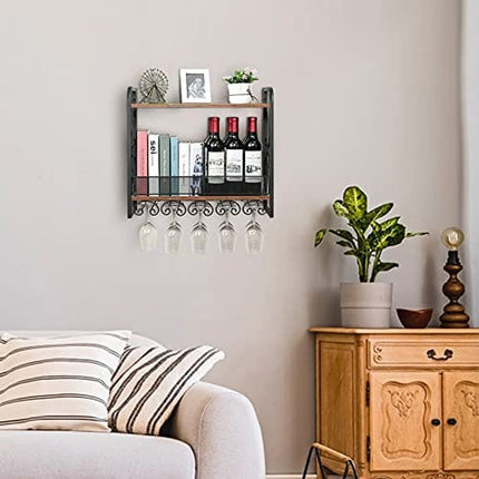 Industrial Wall Mounted Wine Rack with 5 Stem Glass Holder - Hold 10 Wine Glasses, 2 Tier Hanging Wine Storage Rack with Metal Mesh Fence, for Home Kitchen Bar Pantry, 23.6''L x 8''W x 21.6''H