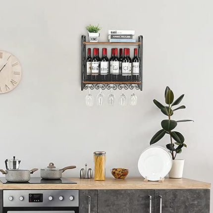 Industrial Wall Mounted Wine Rack with 5 Stem Glass Holder - Hold 10 Wine Glasses, 2 Tier Hanging Wine Storage Rack with Metal Mesh Fence, for Home Kitchen Bar Pantry, 23.6''L x 8''W x 21.6''H
