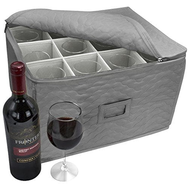 Sorbus Stemware Storage Chest - Deluxe Quilted Case with Dividers - Service for 12 - Great for Protecting or Transporting Wine Glasses, Champagne Flutes, Goblets, and More (Storage Glass - Gray)