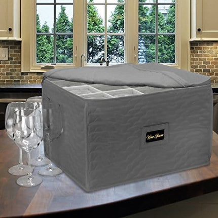 Sorbus Stemware Storage Chest - Deluxe Quilted Case with Dividers - Service for 12 - Great for Protecting or Transporting Wine Glasses, Champagne Flutes, Goblets, and More (Storage Glass - Gray)