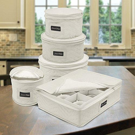 Sorbus Dinnerware Storage 5-Piece Set for Protecting or Transporting Dinnerware — Service for 12 — Round Plate and Cup Quilted Protection, Felt Protectors for Plates, Fine China Case (Beige)