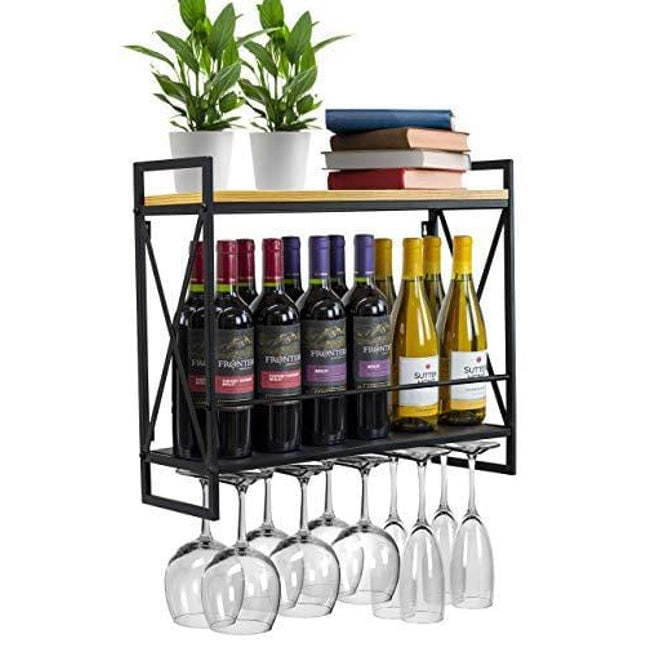 Sorbus Wine Bottle Stemware Glass Rack, Industrial 2-Tier Wood Shelf, Wall Mounted Wine Racks with 5 Stem Glass Holders for Wine Glasses, Flutes, Mugs, Home Décor, Metal