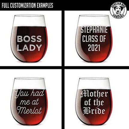 Personalized Etched Custom Text 17oz Clear Stemless Wine Glass | Your Text Here