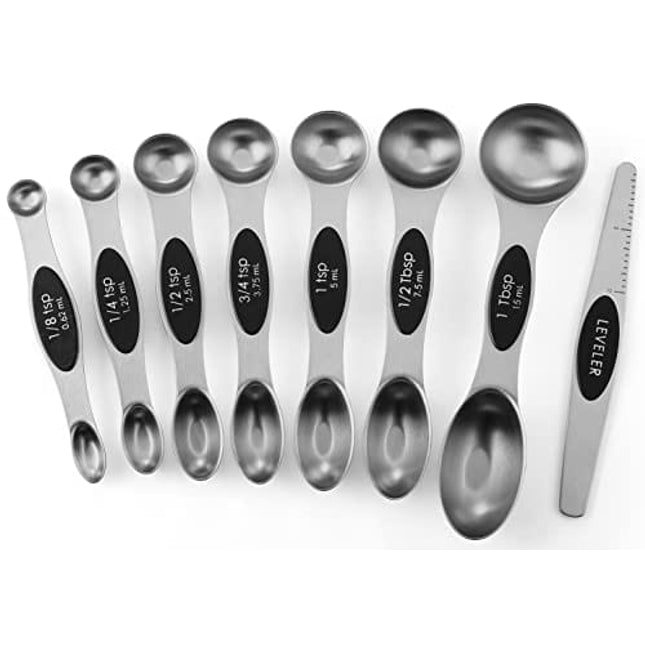 Spring Chef Magnetic Measuring Spoons Set, Dual Sided, Stainless Steel, Fits in Spice Jars, Black, Set of 8