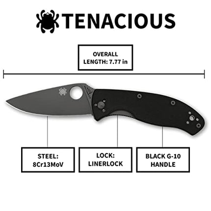 Spyderco Tenacious Folding Utility Pocket Knife with 3.39" Black Stainless Steel Blade and Durable G-10 Handle - Everyday Carry - PlainEdge - C122GBBKP