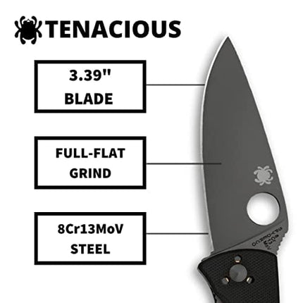 Spyderco Tenacious Folding Utility Pocket Knife with 3.39" Black Stainless Steel Blade and Durable G-10 Handle - Everyday Carry - PlainEdge - C122GBBKP