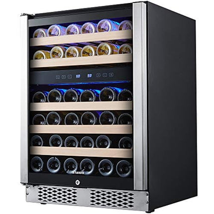 STAIGIS 24 Inch Wine Refrigerator, Under Counter Dual Zone Wine Cooler w/Stainless Steel Frame Glass Door, 46 Bottles Wine Fridge for Built In or Freestanding with Concealed Pull Design