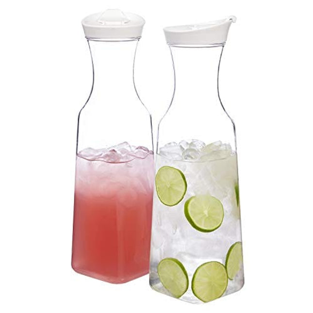 STORi Clear Plastic 50-ounce Square Base Beverage Carafes | set of 2 | White Lids