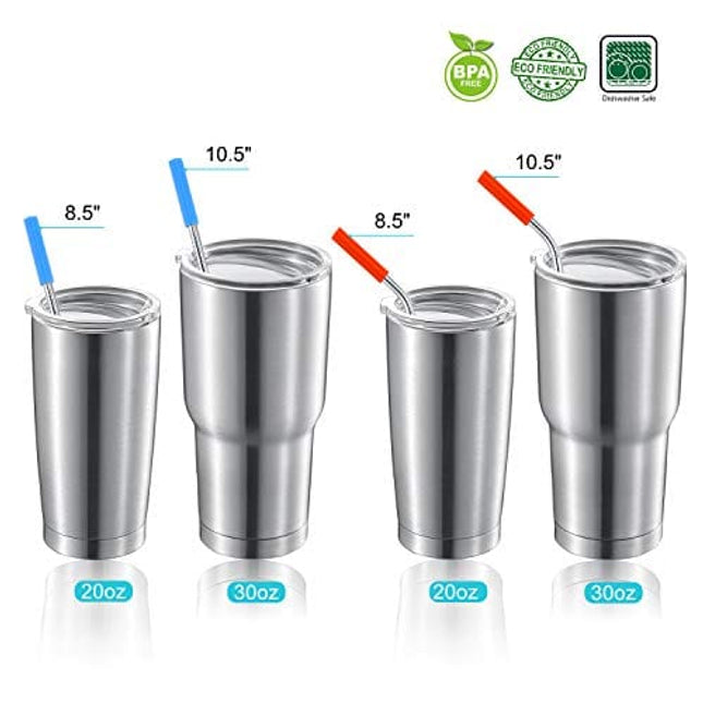 Flathead Reusable Silicone Drinking Straws Straight (set of 10) - 20oz  Tumbler Compatible - Comes with Cleaning Brush 