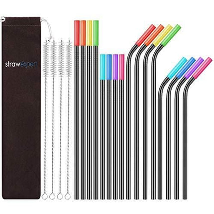 StrawExpert 16 Pack Black Reusable Metal Straws with Silicone Tip & Travel Case & Cleaning Brush,Long Stainless Steel Straws Drinking Straw for 20 and 30 oz Tumbler