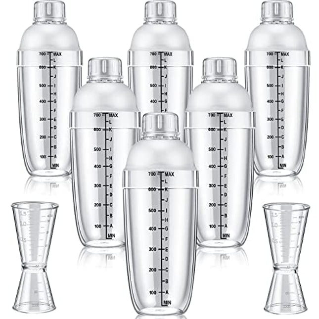 Suclain 8 Pcs Plastic Cocktail Shaker Set 6 Pcs 24 oz Drink Shaker 2 Pcs Double Measuring Jigger Clear Plastic Shaker Bottle Tea Drink Mixer Cocktail Measuring Cup for Bar Party Kitchen Tools