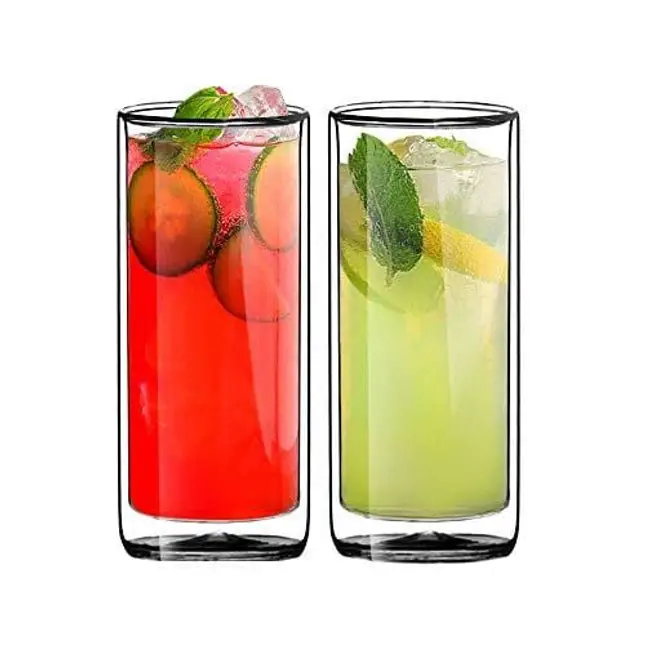 Sun's Tea(tm) 16oz Ultra Clear Strong Double Wall Insulated Thermo Glass Tumbler Highball Glass for Beer/cocktail/lemonade/iced Tea, Set of 2 (Made of Real Borosilicate Glass, Not Plastic)