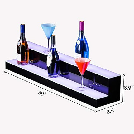 SUNCOO 40 Inch 2 Step LED Lighted Liquor Bottle Display Illuminated Bottle Shelf 2 Tier Home Commercial Bar Shelf Light Changing Shelves High Gloss Black Finish with Remote Control
