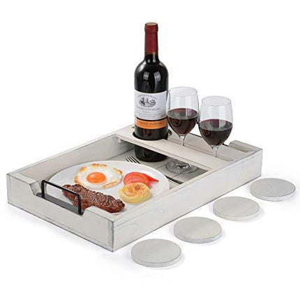Rustic Serving Tray, Wooden Wine Tray for Bed, Ottoman, Coffee Table, Breakfast, Tea Coffee, Spill Proof with Wine Glass Holder, 4 Coasters Included (Rustic White)