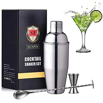 Leak-Proof 3 Pieces Cocktail Shaker -Premium Bartender Kit for Home Bartending Beginners and Pros - 24 oz Cocktail Shaker with Jigger and Spoon - Drink Shaker for Home Sliver