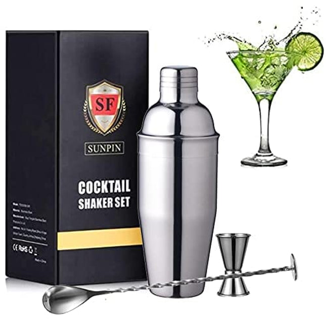 Leak-Proof 3 Pieces Cocktail Shaker -Premium Bartender Kit for Home Bartending Beginners and Pros - 24 oz Cocktail Shaker with Jigger and Spoon - Drink Shaker for Home Sliver