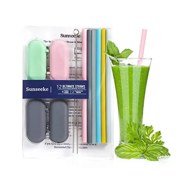 Sunseeke Silicone Straws Set - Odorless, 12 Standard Reusable Drinking Straws, 4 Carry Pouch, 2 Cleaning Brushes, Certificated Food Grade Platinum Silicone - 8 1/2" Long