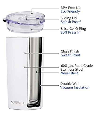 SUNWILL Insulated Wine Tumbler with Lid White, Double Wall Stainless Steel  Stemless Insulated Wine Glass 12oz, Durable Insulated Coffee Mug, for