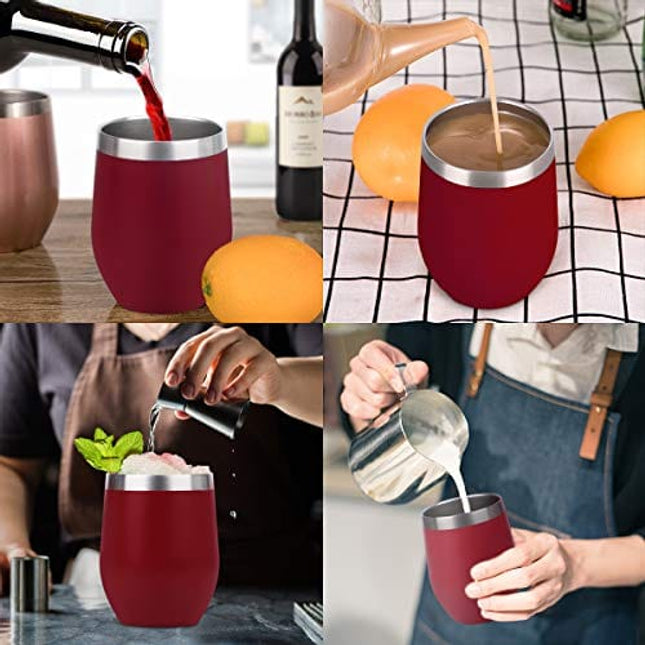 SUNWILL Vaccum Insulated Wine Tumbler with Lid (Wine Red), Stemless Stainless Steel Insulated Wine Glass 12oz, Double Wall Durable Coffee Mug, for Champaign, Cocktail, Beer, Office use