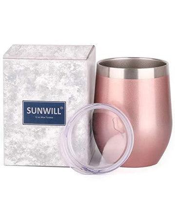 SUNWILL Insulated Wine Tumbler with Lid Rose Gold, Double Wall Stainless Steel Stemless Insulated Wine Glass 12oz, Durable Insulated Coffee Mug, for Champaign, Cocktail, Beer, Office