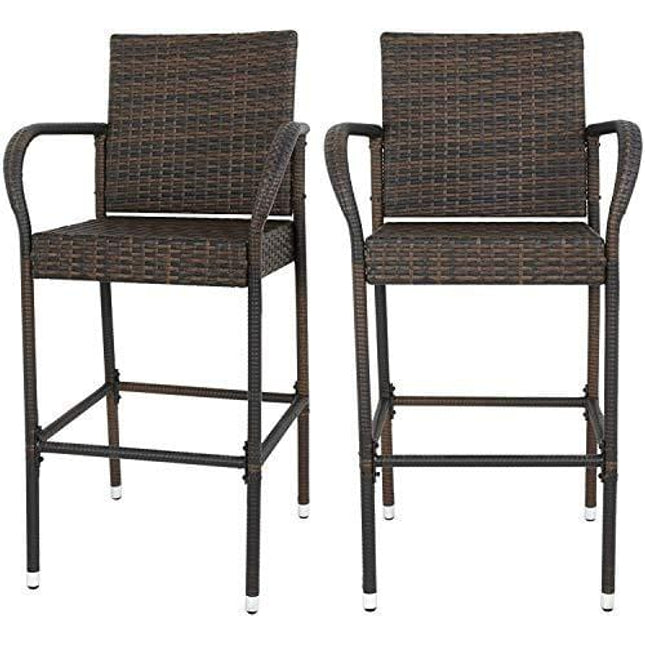 SUPER DEAL Upgraded Wicker Bar Stool Chairs Outdoor Backyard Rattan Chair w/Iron Frame, Armrest and Footrest (2)
