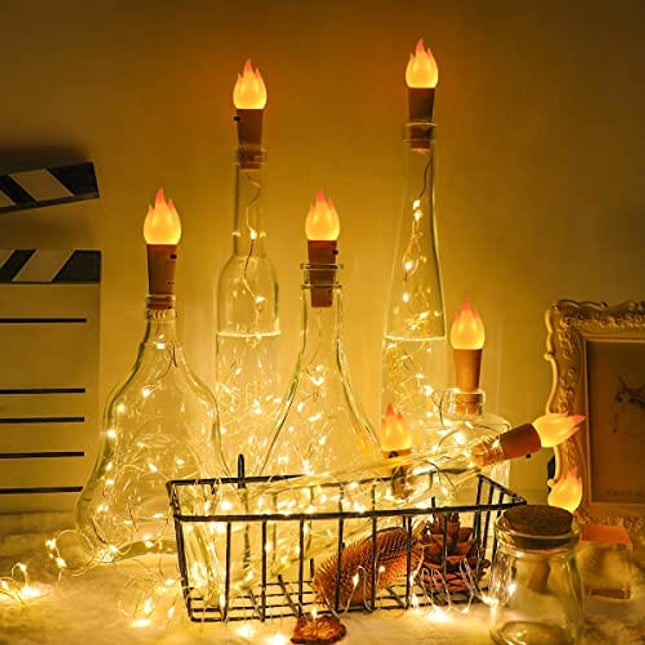 SUPERNIGHT Wine Bottle Lights with Cork - 10 Packs Warm White Battery Operated 5.97ft 20 LED String Lights with Candle Flame Starry Fairy Lights for Party,Christmas,Halloween,Wedding,Indoor Decoration