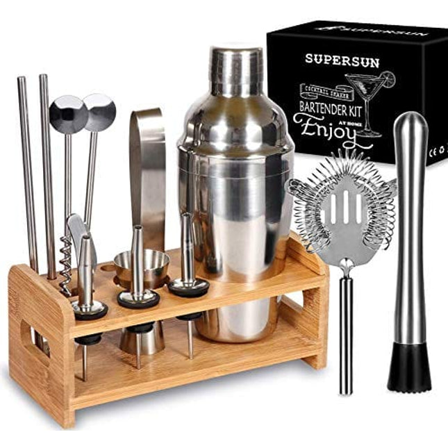 Cocktail Shaker Set with Stand, SUPERSUN 15 Piece Bartender Kit Home Bar Accessories - Martini Shaker with Built-in Strainer, Muddler, Jigger, Drink Shaker 304 Stainless Steel