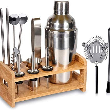 Cocktail Shaker Set with Stand, SUPERSUN 15 Piece Bartender Kit Home Bar Accessories - Martini Shaker with Built-in Strainer, Muddler, Jigger, Drink Shaker 304 Stainless Steel