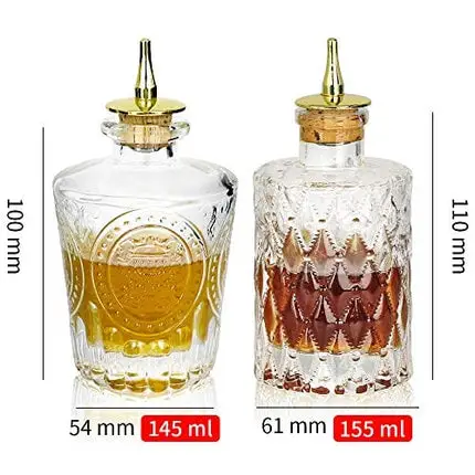 SuproBarware Bitters Bottle Set of 2，Glass Dasher Bottle, Decorative Bottle for Cocktail with Gold Dash Top