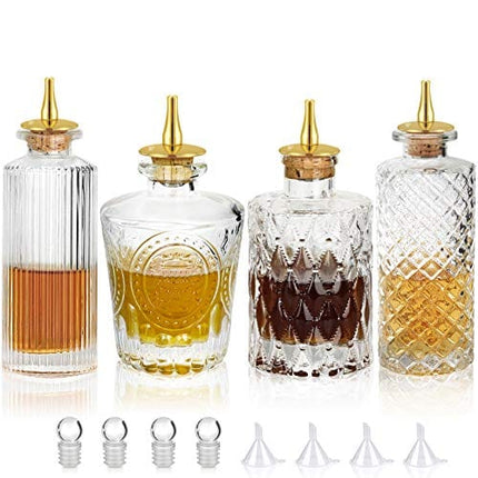 Bitters Bottle 4pcs Glass Dash Bottle Set for Cocktail with Zinc Alloy Dasher Top, Decorative Bottle， for Cocktail and Display (4pcs)