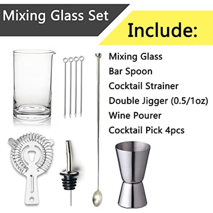 Cocktail Mixing Glass - 9pcs Mixing Glass Set 550ml/18.5oz, Thick Bottom Seamless with Cocktail Strainer Bar Spoon Great for Bartender, Home Bar - MG01-S (Silver)