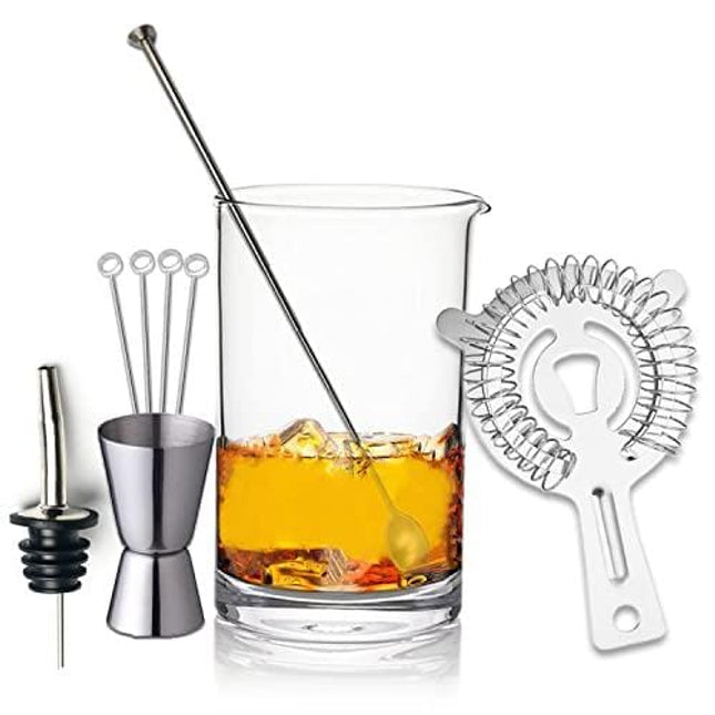 Cocktail Mixing Glass - 9pcs Mixing Glass Set 550ml/18.5oz, Thick Bottom Seamless with Cocktail Strainer Bar Spoon Great for Bartender, Home Bar - MG01-S (Silver)