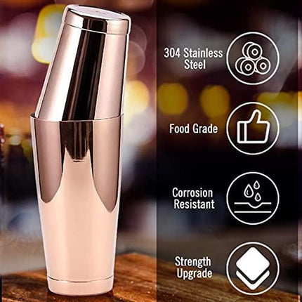 Stainless Steel Pro Boston Shaker - 2 Piece Unweighted 18oz & Weighted 28oz Martini Drink Shaker Kit for Bartender - Copper