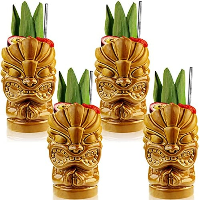 Tiki Glasses for Cocktails Tiki Mugs Set of 4 Creative Large Ceramic Tiki Cups 29oz Tropical Hawaiian Tiki Glass Drinks Party Bar Home Drinkware Premium Exotic Vintage Glasses Mug Barware 4 Packs