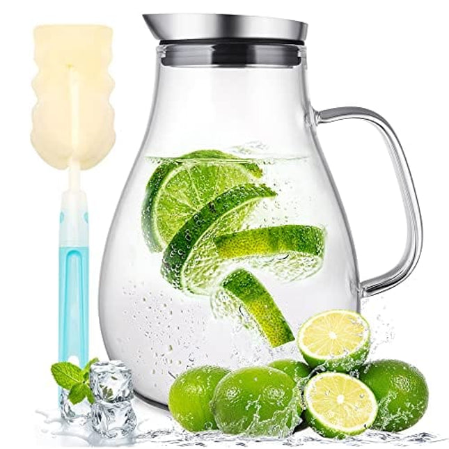 SUSTEAS 2 Liter Glass Pitcher, Water Pitcher with Removable Lid And Wide Handle, Easy Clean Juice Jug for Fridge, Beverage Carafe for Cold/Hot Water, Iced Tea, 1 Free Long-Handled Brush Included